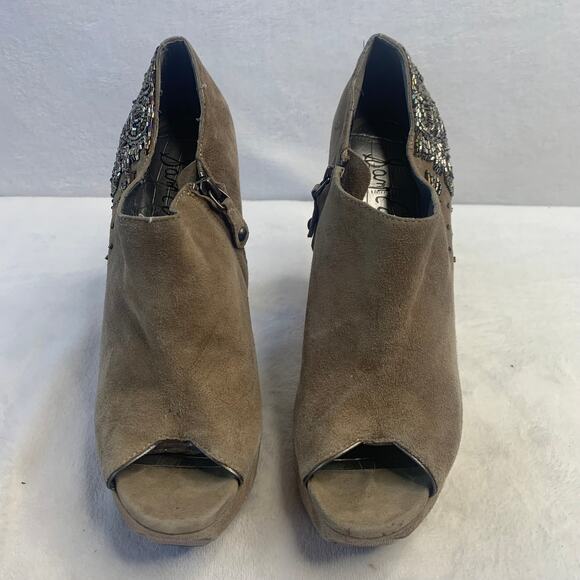 Sam Edelman Womens Sz 8 Taupe Suede Peep Toe Ankle Booties Beaded Heels Boots - Picture 4 of 9
